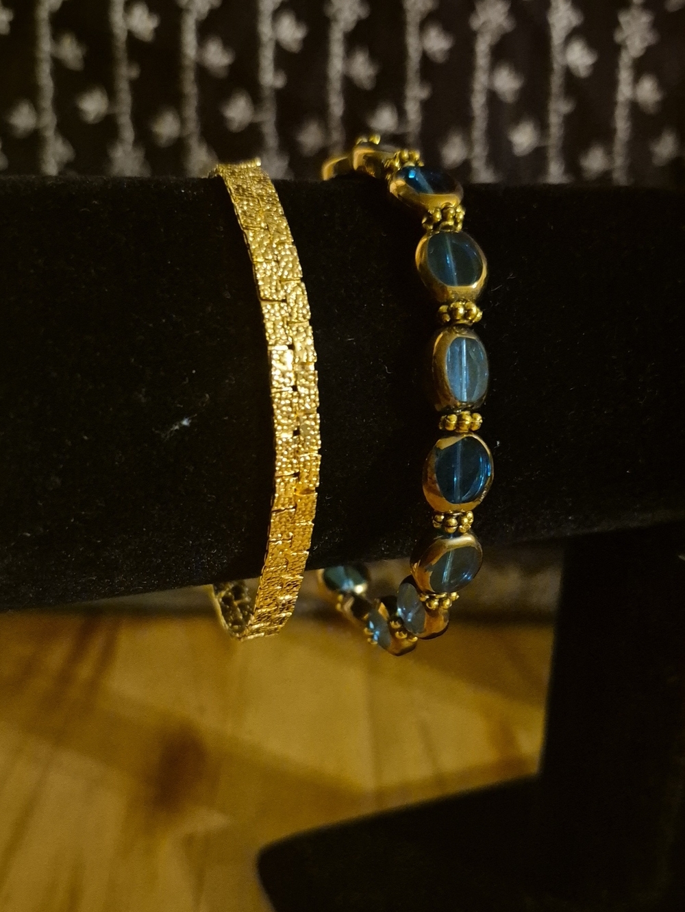 Gold Tone Textured Bangle with Blue Glass Bead Bracelet - Women Jewelry